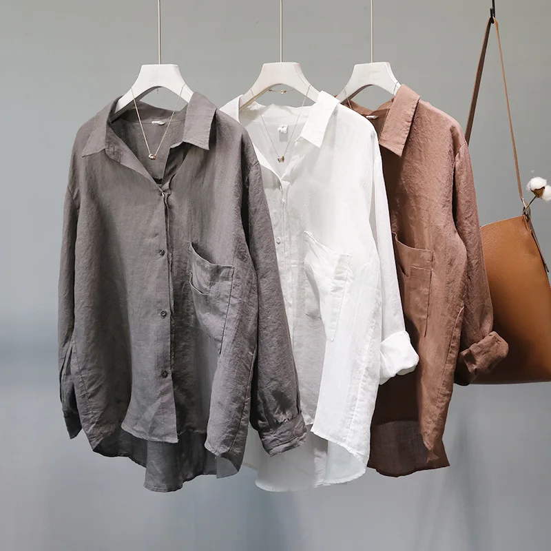 

Daily Apparel Female 2019 Fashion Casual Shirt Top Spring Autumn Simple Solid Cotton Linen Basic Long Sleeve Blouse for Women
