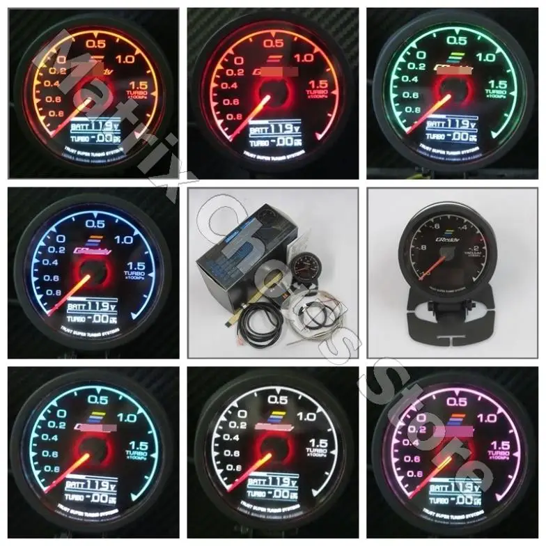 

GRe**y Gauge Vacuum Gauge GReddi 7 Light Colors LCD Display With Voltage Car Meter Gauge 62mm 2.5 Inch With Sensor Racing Gauge