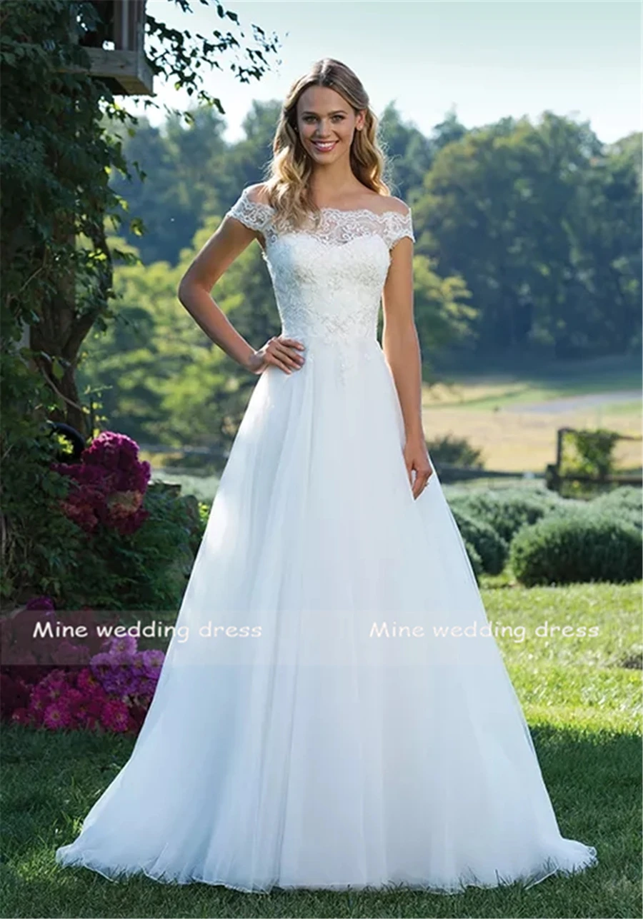 Princess Portrait Neckline Illusion Beaded Lace And Tulle Off The Shoulder Wedding Dress A-Line Button Back Bridal Gowns