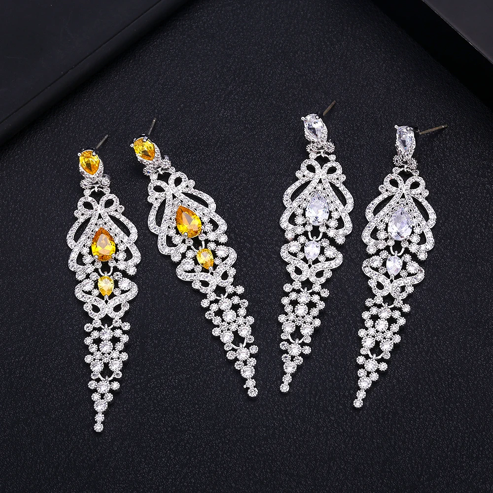 

JANKELLY luxury flower Shape Long Earrings Cubic Zirconia Women Wedding Big Earrings Bijoux