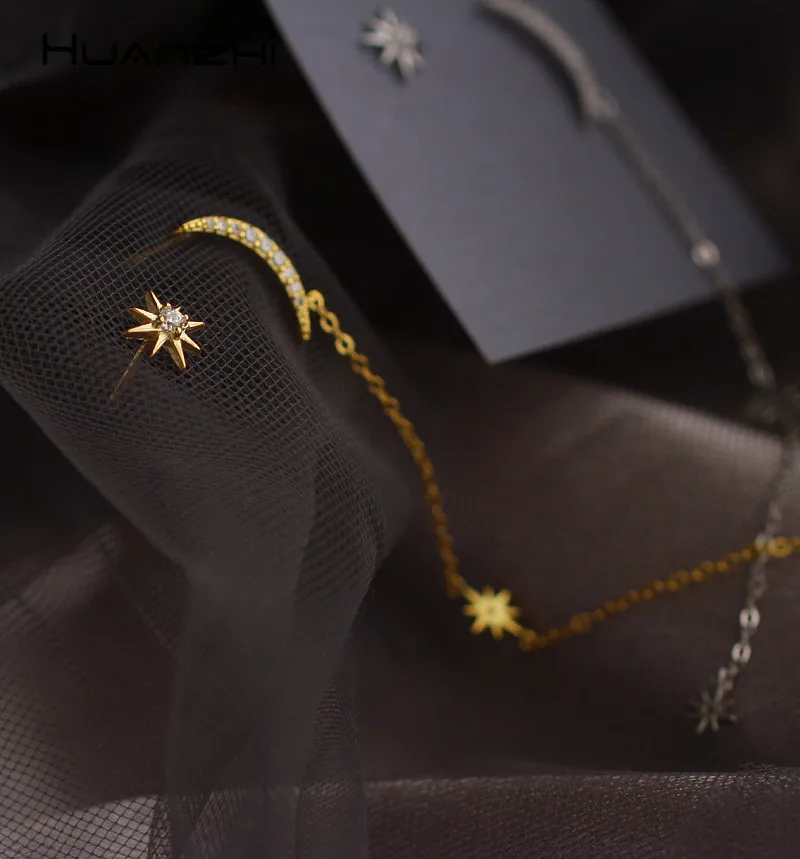 Huanzhi асимметрия с изображением луны и звезд, несколько Стразы сплав элегантные длинные серьги в виде капель для Для женщин девочек Свадебная вечеринка, подарок, ювелирное изделие
