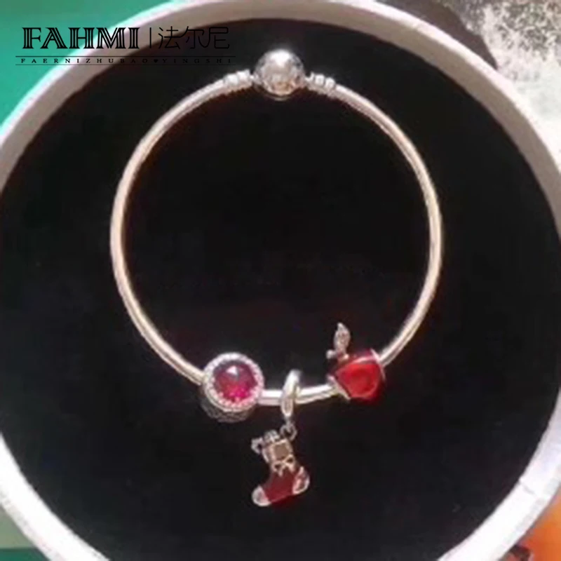 

FAHMI 100% 925 Sterling Silver Christmas Socks Apple Flashing Ruby Charm Bracelet Set Holiday Gift Original Jewelry
