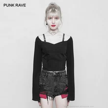 Панк рейв готический с длинными рукавами с открытыми плечами укороченный женский черный футболка мода молния украшения Harajuku пикантные Короткие топы