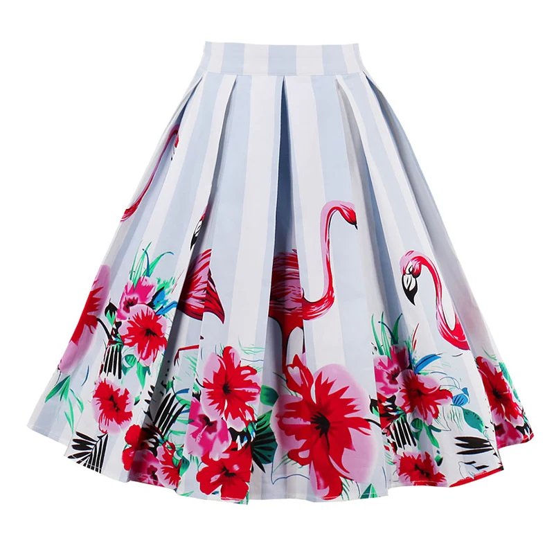Kostlish Flamingos Print Summer Skirts Womens 2017 High Waist Pleated Skirt Vintage A-Line Casual Big Swing Women Midi Skirt (6)