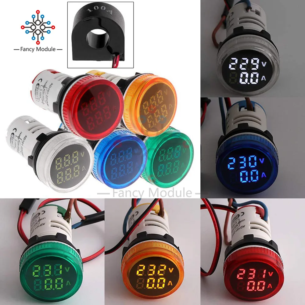 

22mm Circle Panel Mini LED Digital Voltmeter Ammeter AC 50-500V 0-100A Current Voltage Indicator Meter Volt Amp Tester Detector