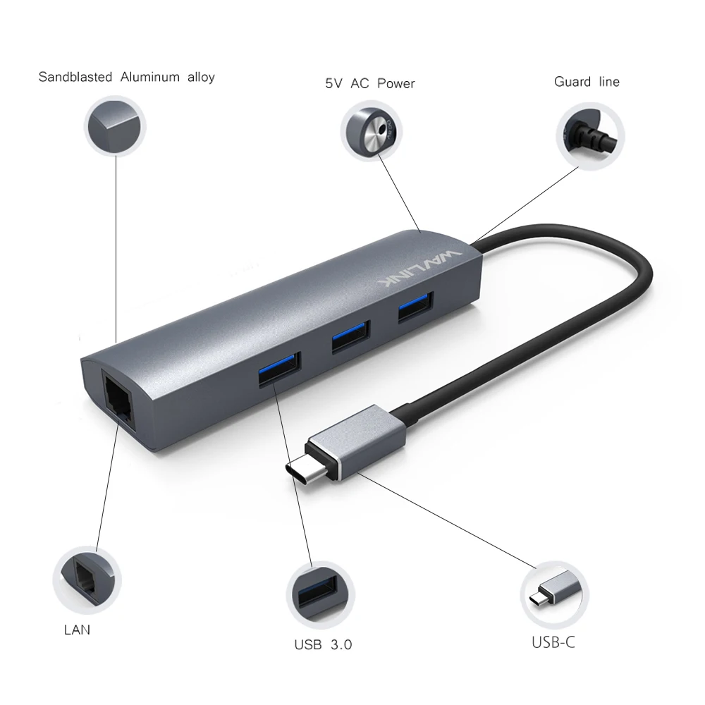 Wavlink USB C 3,1 to Gigabit Adapter серии 3-Порты и разъёмы USB 3,0 Алюминий концентратор с Тип C адаптер+ RJ45 Gigabit Ethern LAN Порты и разъёмы-серый