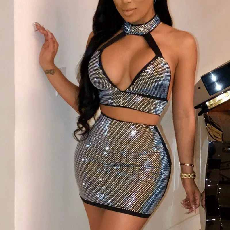 

Women Sexy 2 Pieces Sets Halter Cut Out Crop Tops Backless Mini Hot Skirts Diamond Bodycon Jupes Lady Clubwear Night Tight Suits