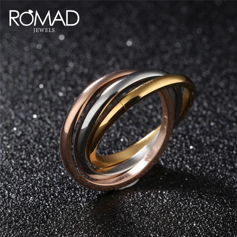 

ROMAD 3 Color Trinity Rolling Engagement Wedding Rings Simple Rings For Girls Stainless Steel Ring for Women Size 5-9 R4