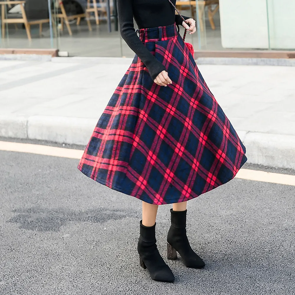 Женская клетчатая юбка макси с высокой эластичной талией в стиле Харадзюку, Новая модная женская винтажная трапециевидная теплая расклешенная длинная юбка для зимы, уличная одежда