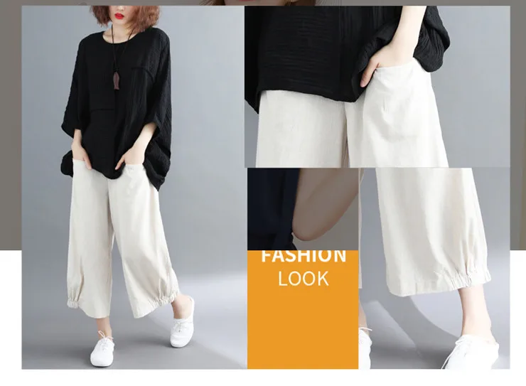  LZJN 2019 New Cotton Linen Soft Wide Leg Women Pants Elastic Waist Solid Color Summer Loose Trouser Plus Size Capris with Pocket (2)