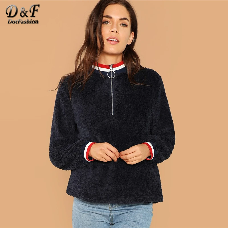 

Dotfashion Navy O-Ring Zip Half Placket Pullover Sweatshirt Women Casual Autumn 2019 Clothing Stand Collar Long Sleeve Pullovers