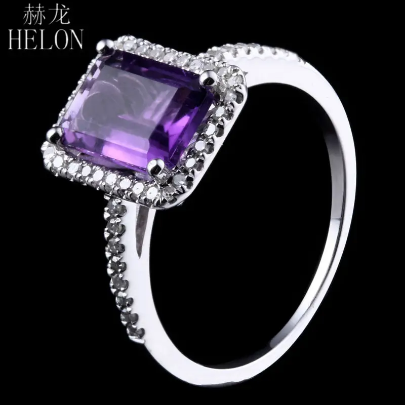 

HELON Solid 14K White Gold 8x6mm Emerald Shape 1.9ct Emerald Amethyst Ring Pave Natural Diamonds Ring for Women's Jewelry Ring
