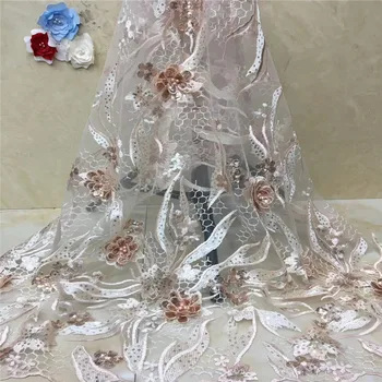 

Madison French Lace Fabric Peach Bridal Wedding Dress High Quality 3d Flower Net Embroidery Mesh Material With Pearls