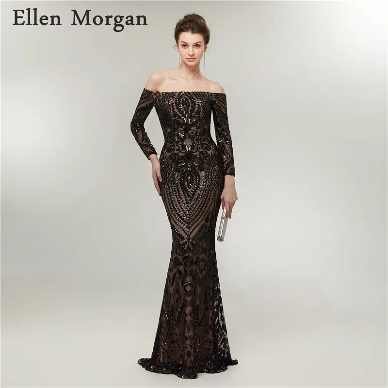 

Elegant Long Sleeves Off Shoulder Evening Dresses 2019 Black Moroccan Dubai Caftan Custom Made Formal Gowns Vestido De Festa