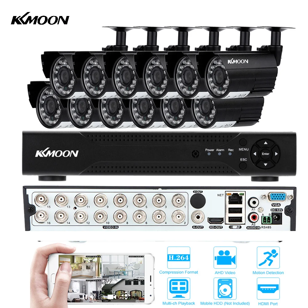 KKMOON CCTV Cameras System Kit 16 Channel AHD 720P 960H DVR with 12pcs 1.0MP 1/4'' IR Waterproof Outdoor Cameras 16CH DVR Kit