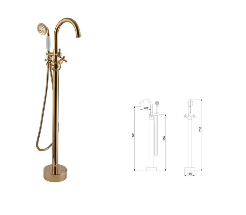 Золотой латуни золото и античная готовой отдельно стоящие Для ванной Ванна смеситель Для ванной душ Напольные ванна кран 61018-885
