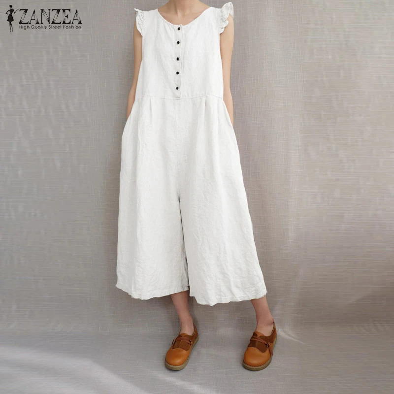 

2019 Plus Size ZANZEA Women Long Jumpsuit Summer Solid Sleeveless Party Romper Cotton Overalls Wide Leg Jumpsuit Femme Playsuits