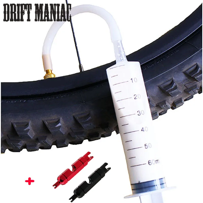 

Bike tire tubeless sealant 60ml syringe rubber hose kit for inner tube mtb road bicycle tire tubeless valves core tools