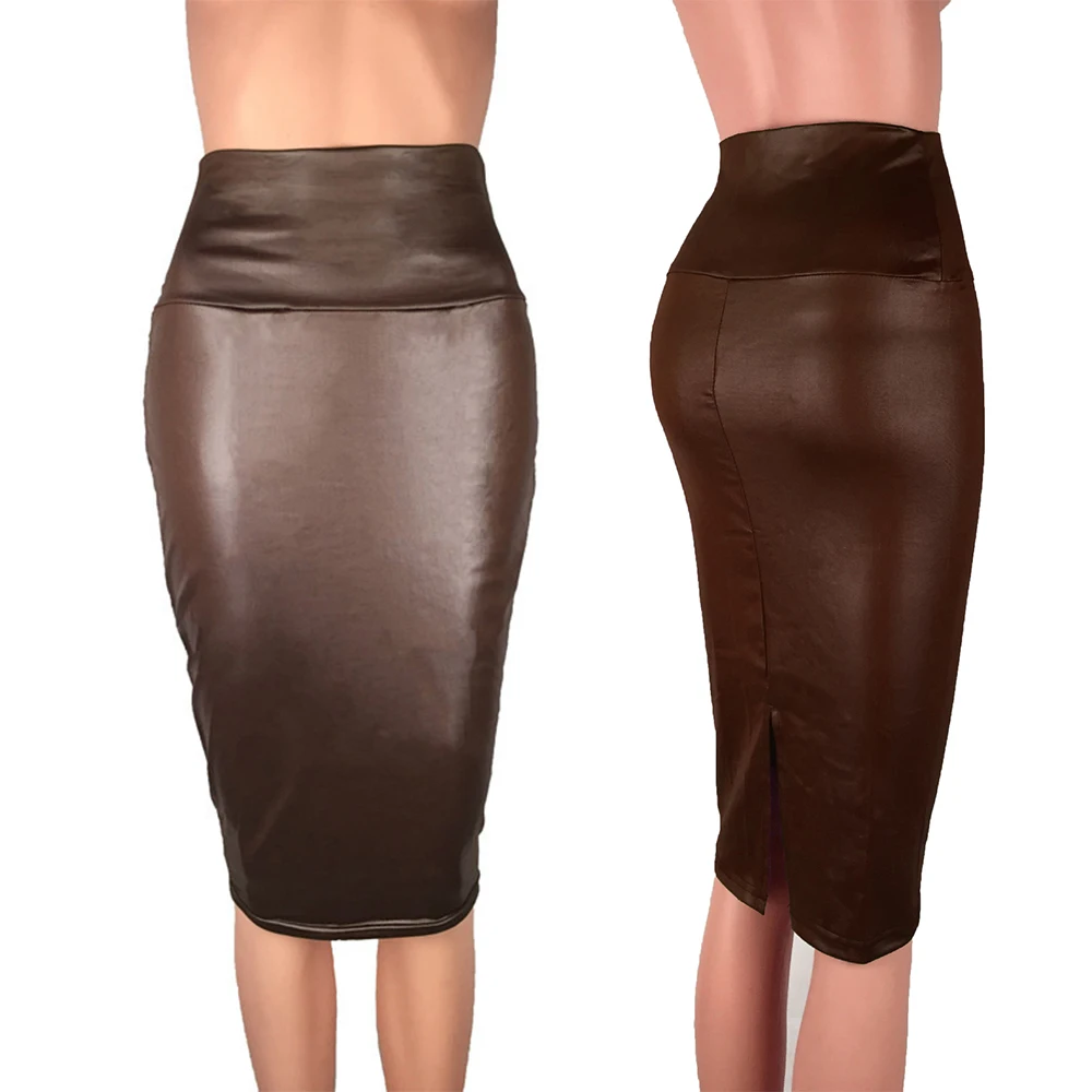 

Women Faux Leather Skirt Pencil Skirt Below Knee Length Skirt High Waist Bodycon Skirt