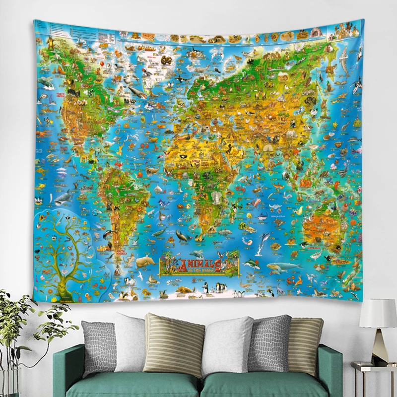 Гобелен в скандинавском стиле с изображением животных, карта мира, настенное пляжное полотенце из полиэстера, тонкое одеяло, коврик-шарф для йоги