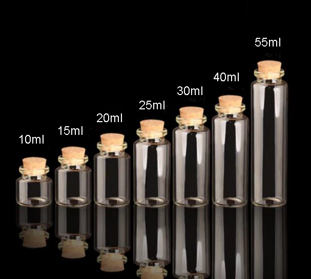 

100pcs 10ml 15ml 20ml 25ml 30ml 40ml 55ml glass vial Bottle Cork Oil perfume Wishing storage bottle glass jars sample container