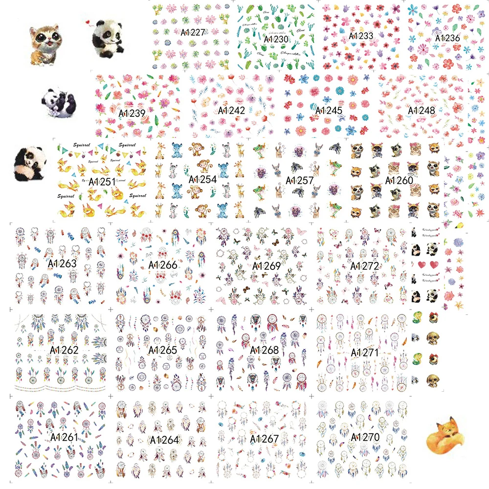 

40pcs/set Water Nail Art Transfer Sticker Beauty Flowers Plants Cute Animal Decal DIY Design Decorations Labels JIA1225-1272