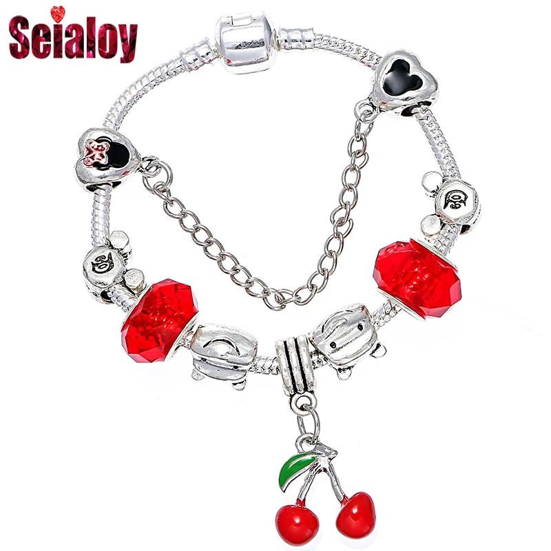 Seialoy cartoon cherry bear charm bracelets & bangles for women boy girls girlfriends Couple Pandora jewelry lovely bracelet