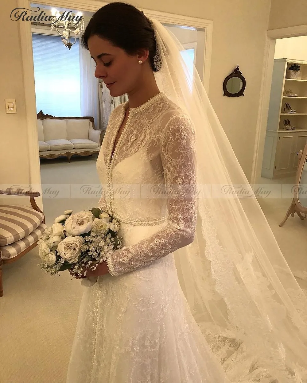 Винтажное кружевное свадебное платье русалки с длинными рукавами из двух частей со съемной юбкой, пальто с бисером, бохо, арабское свадебное платье es