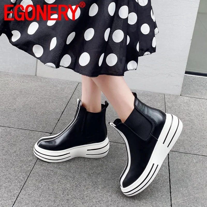 

EGONERY woman shoes spring new mixed colors high quality genuine leather ankle boots outside high heels platform slip-on shoes