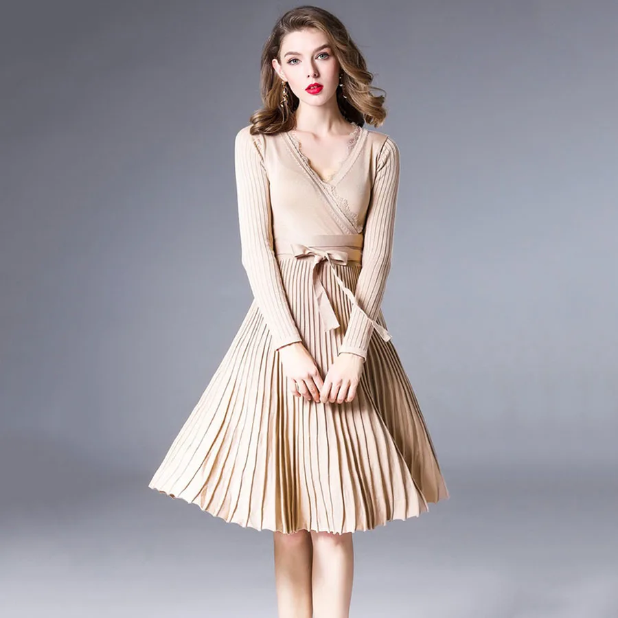 Fashion Winter Dress 2018 New Women Elegant Long Sleeve Sexy Lace V-Neck Pleated Casual Sweater Knitted Dresses Vestido De Festa