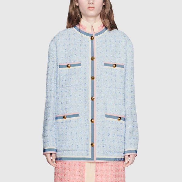 

Brand Designer Autumn Winter Women Light Blue Stripe Patchwork Tweed Woolen Coat Medium Long Golden Buttons Loose Coats Jc3004