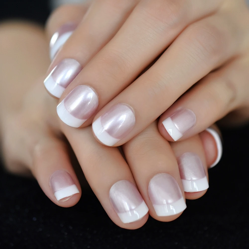 Chrome French Nails Light Pink Short Square Nail Glossy Glitter Pre ...