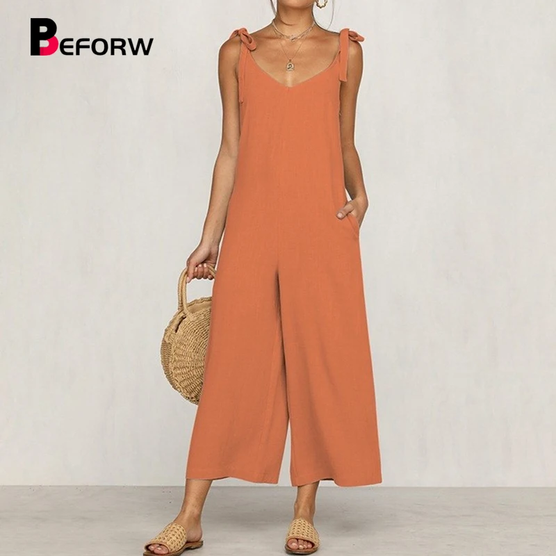 Casual Loose Rompers Womens Jumpsuit Solid Simple Sling Sleeveless Jumpsuits Streetwear Sexy Backless Lace Up Romper Overalls