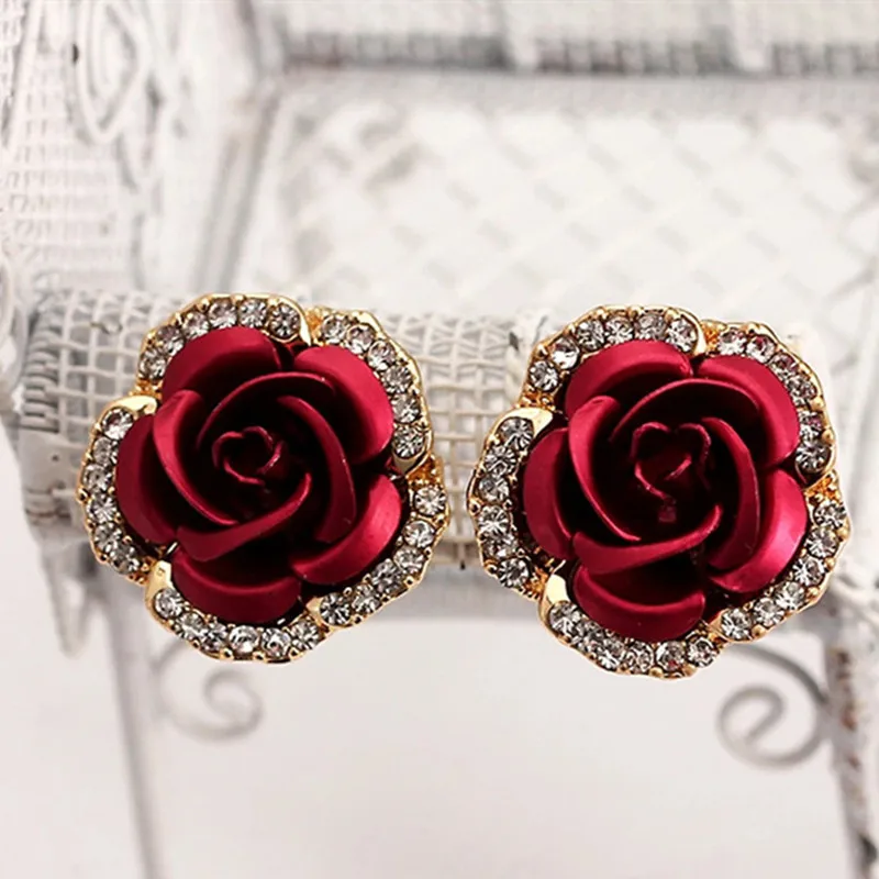 

Romantic Red Rose Stud Earrings Glitter Crystal Blue Flower Women Engagement Earring Jewelry Golden Ear Stud Push Earrings Gifts