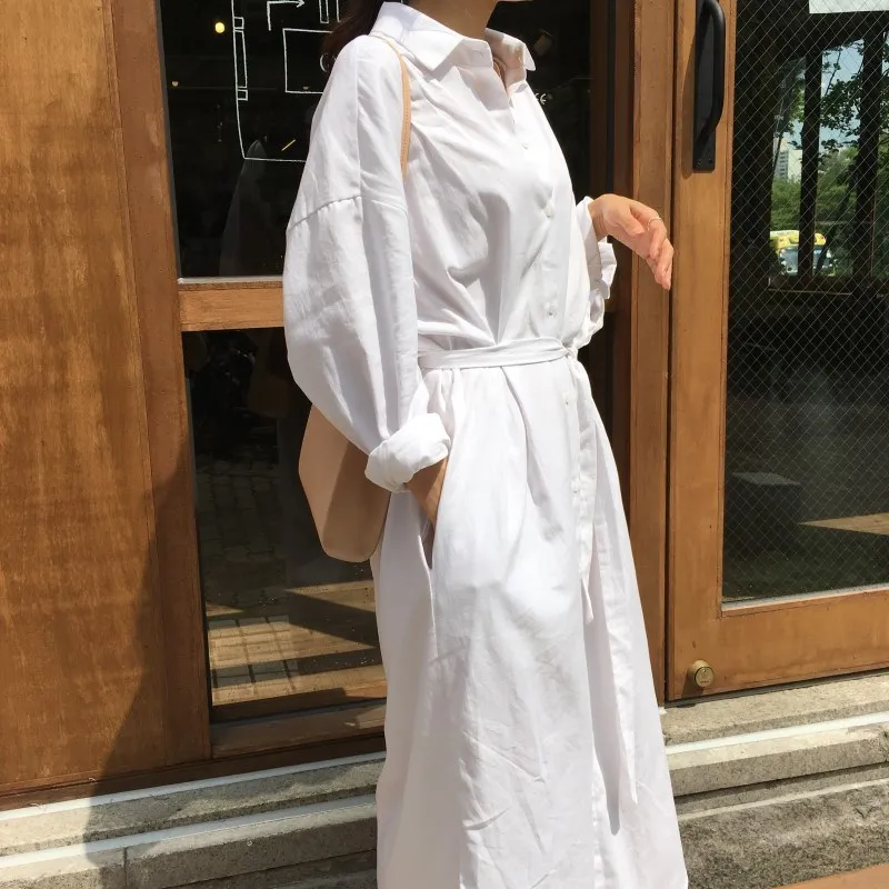

2019 Summer New Women Solid Lapel Empire Shirt Dress Vintage Long Sleeve Split A-Line Dress Casual Loose Dresses