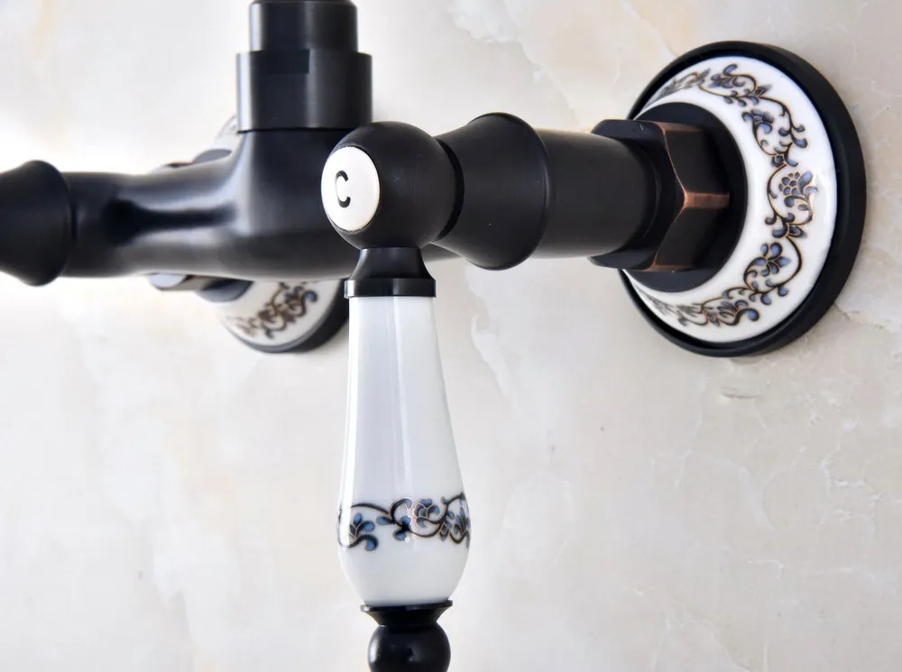 Kitchen Wet Bar Bathroom Vessel Sink Faucet Black Oil Rubbed Brass Wall Mounted Swivel Spout Mixer Tap Dual Ceramic Lever mnf830