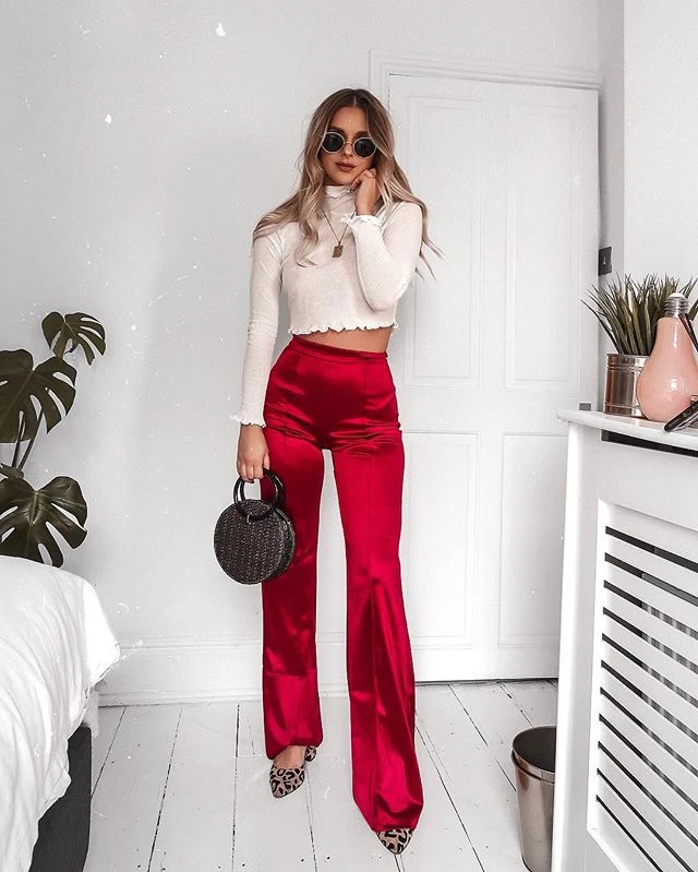 Bkld ルースレディースパンツ秋サテン赤ハイウエストパンツレディース服のズボンの女性 18 ソリッドロングワイド脚パンツ パンツ カプリパンツ Aliexpress