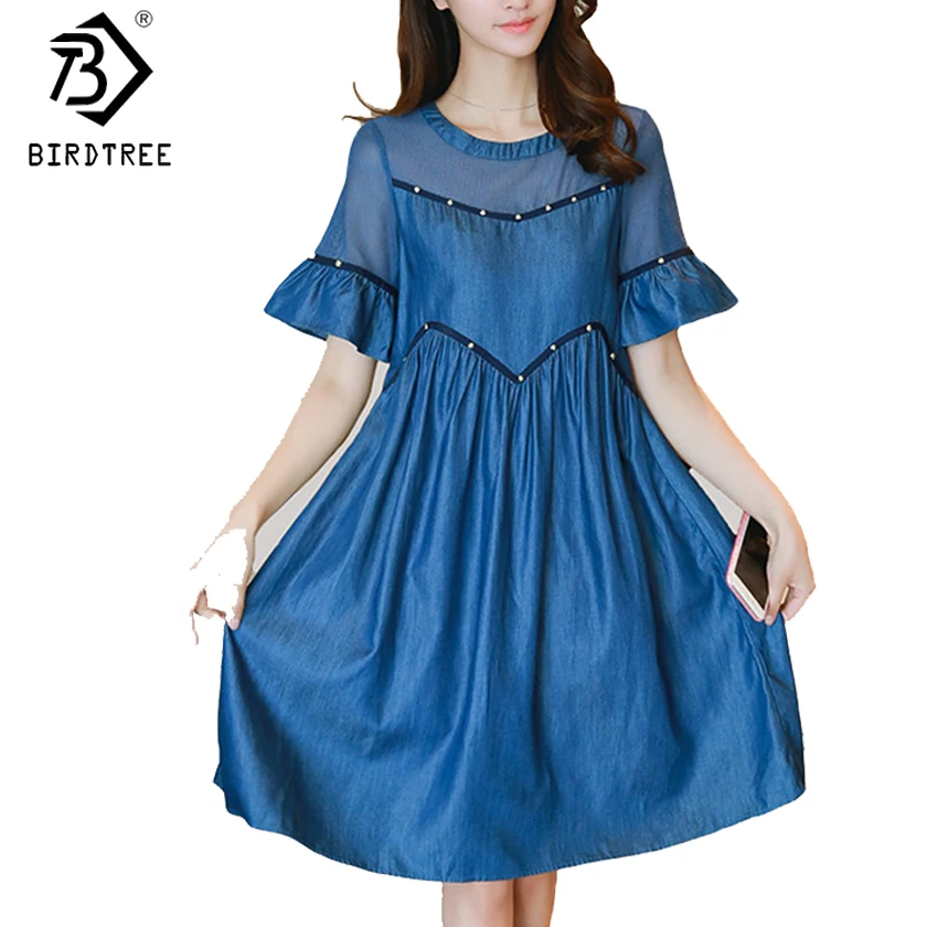 Bead Patchwork Autumn Women Denim Dresses Half Sleeves Elegance A Line