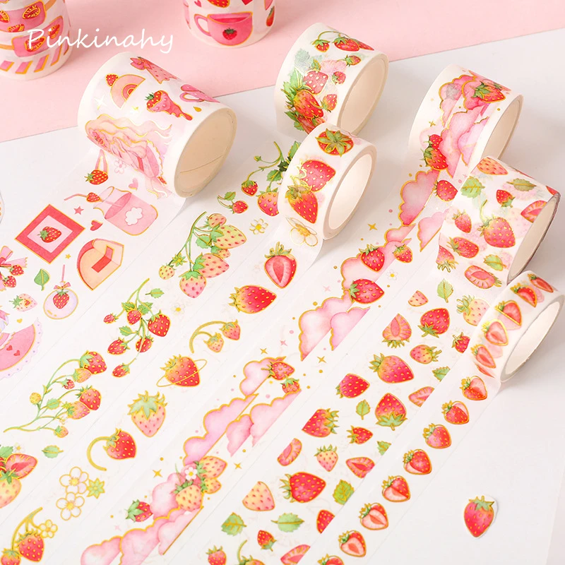 Cute Strawberry Party Series Bullet Journal gold Washi Tape Decorative Adhesive Tape DIY Scrapbooking Sticker Label Stationery