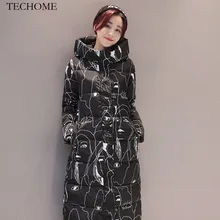 2018 New Fashion Winter Women Long Slim Parkas Letter Printed Cotton Padded Thick Parkas Knee Length Parkas Winter Overcoats