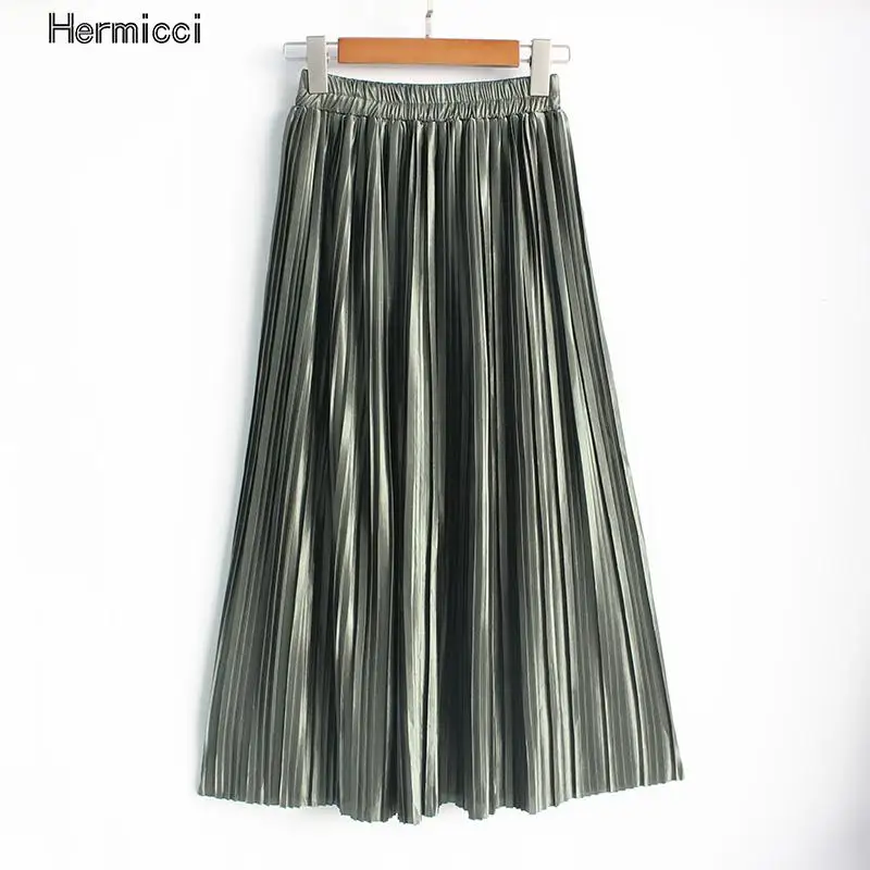 Hermicci 2020 Fashion Skirts Summer Pleated Long Skirts Women Metallic Midi Skirts Faldas Largas Mujer