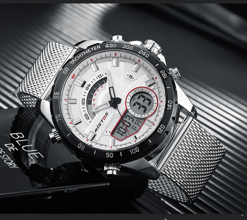 RISTOS модные часы Relojes Masculino Hombre, многофункциональные мужские спортивные часы со стальным плетением, цифровые наручные часы с хронографом для мужчин 9361