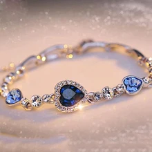  FAMSHIN Hottest Womens Ladies Crystal Rhinestone Bangle Ocean Blue Bracelet Chain Heart Jewelry Party Gifts 