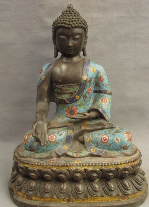

USPS to USA S1687 21" Tibet Enamel Cloisonne Bronze Lotus Shakyamuni Sakyamuni Buddha Seat Statue (B0328)