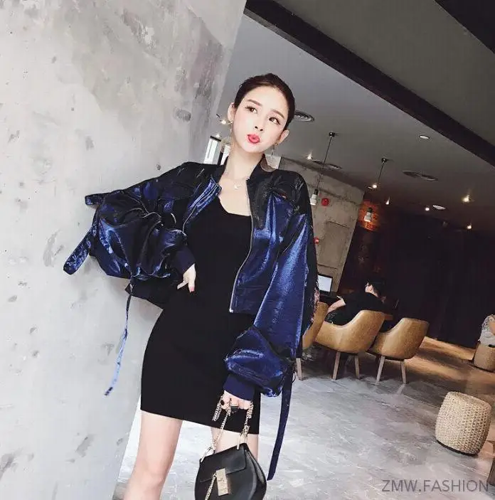 

Spring Autumn Fashion Gold Velvet Embroidered Short Jacket Casual Loose Speaker long sleeve zipper Round neck Retro Wild coat
