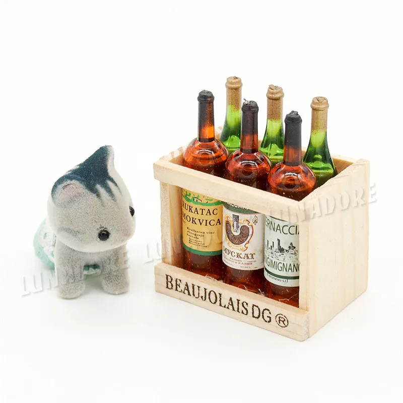 Odoria 1:12 миниатюрные 6 шт. винные бутылки в Деревянный чехол/стойка ликер напитки кукольный домик кухонные аксессуары для ресторана бара