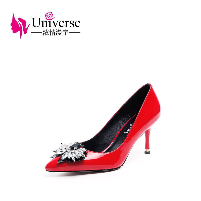 Universe Wedding Shoes Patented Leather Pumps Bridal Crystal Autumn Spring Slip-on Thin Red Black High Heels Pumps Women H246