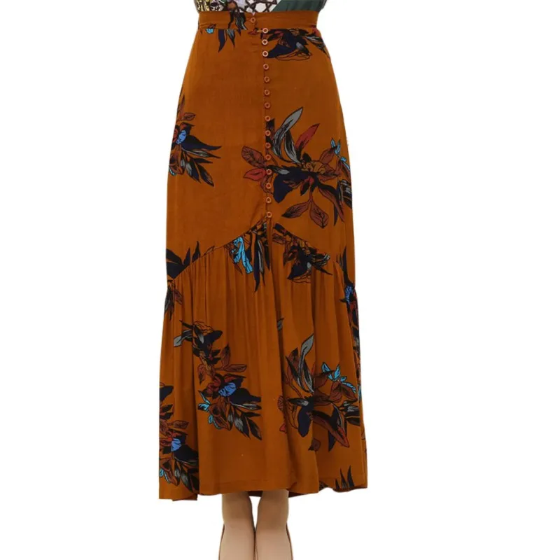 Винтажные длинные юбки с цветочным принтом, женская летняя элегантная пляжная юбка макси, Boho Асимметричная юбка с высокой талией, юбки с принтом - Цвет: Оранжевый