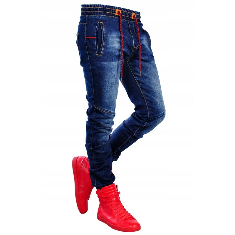 

Men Skinny Jeans Elastic Waist Drawstring Blue Jeans Slim Fit Trouser Pants Fashion Casual Denim Pants
