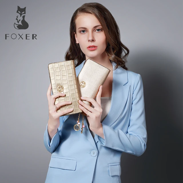 FOXER Brand Women Cow Leather Wallet Simple Coin Purses Fashion Zipper Long Wallets Female Clutch